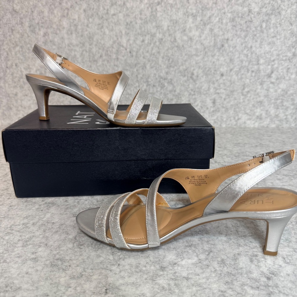 Naturalizer Taimi Dress Sandals Women 9.5W Silver Glitter Strappy Kitten Heel
